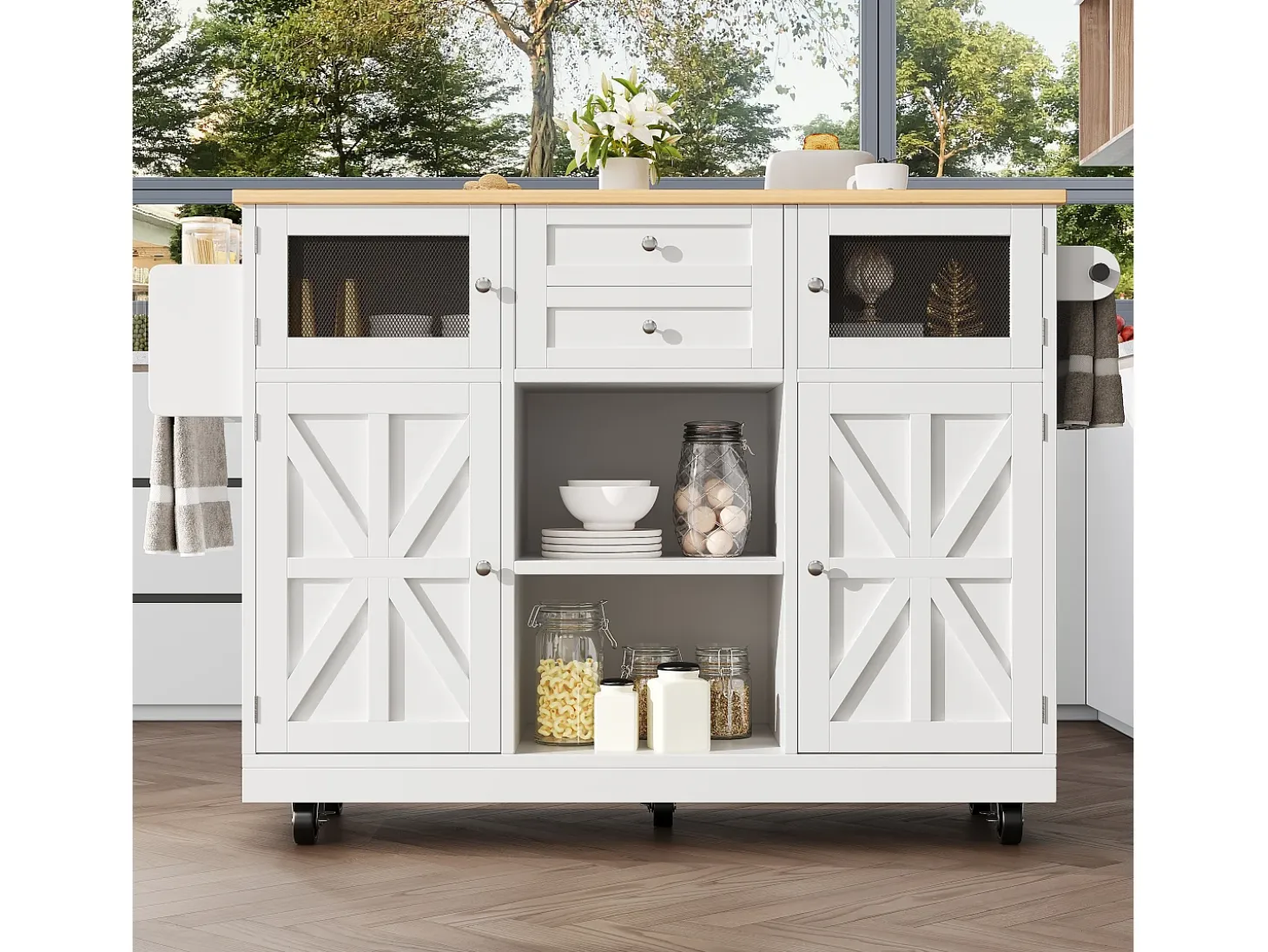 Isla de cocina móvil extensible, MDF y metal, color blanco con tablero de madera (140x40x93,5cm)