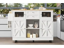 Isla de cocina móvil extensible, MDF y metal, color blanco con tablero de madera (140x40x93,5cm)