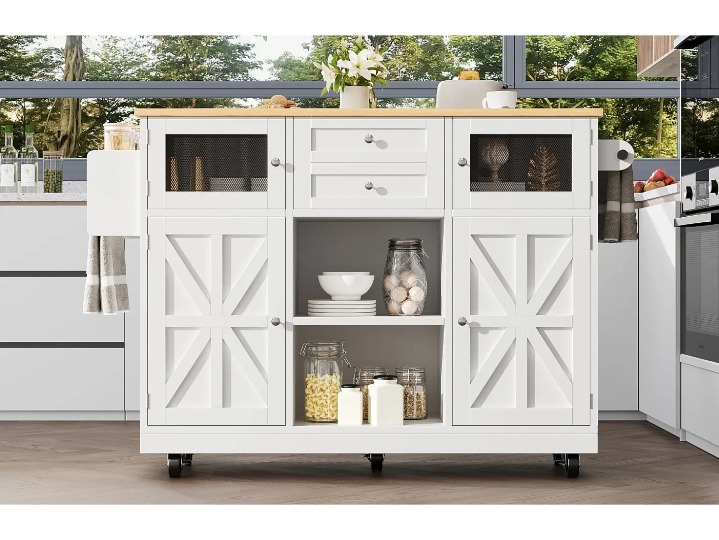 Isla de cocina móvil extensible, MDF y metal, color blanco con tablero de madera (140x40x93,5cm)
