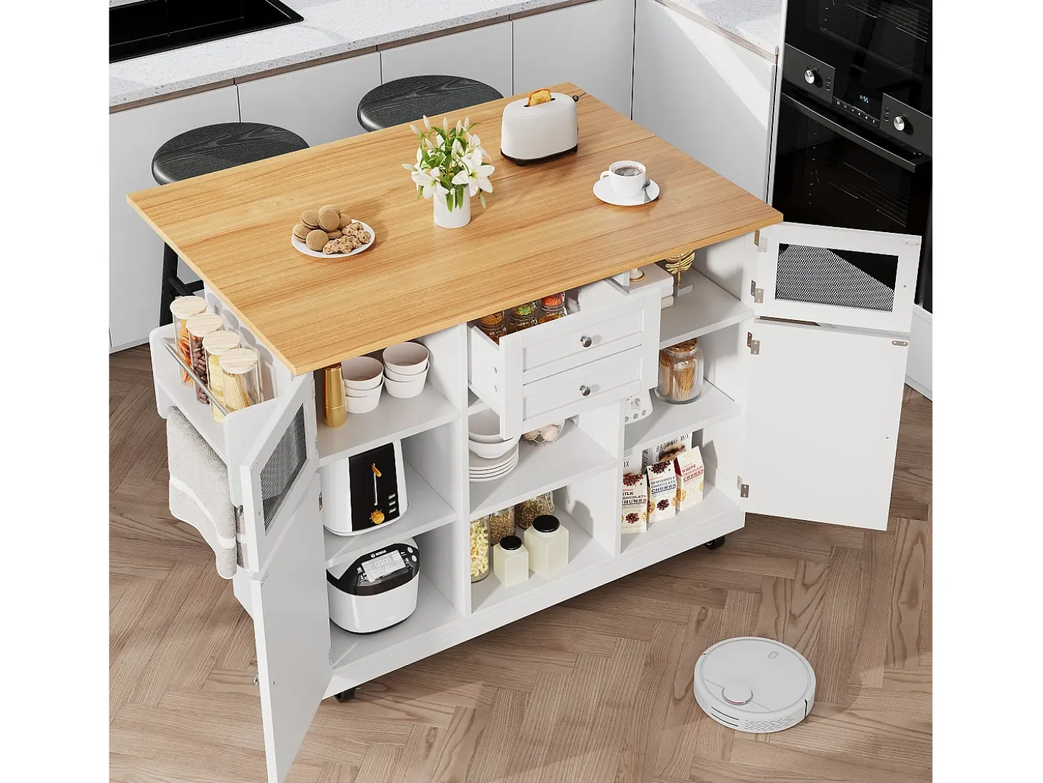Isla de cocina móvil extensible, MDF y metal, color blanco con tablero de madera (140x40x93,5cm)