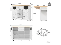 Isla de cocina móvil extensible, MDF y metal, color blanco con tablero de madera (140x40x93,5cm)