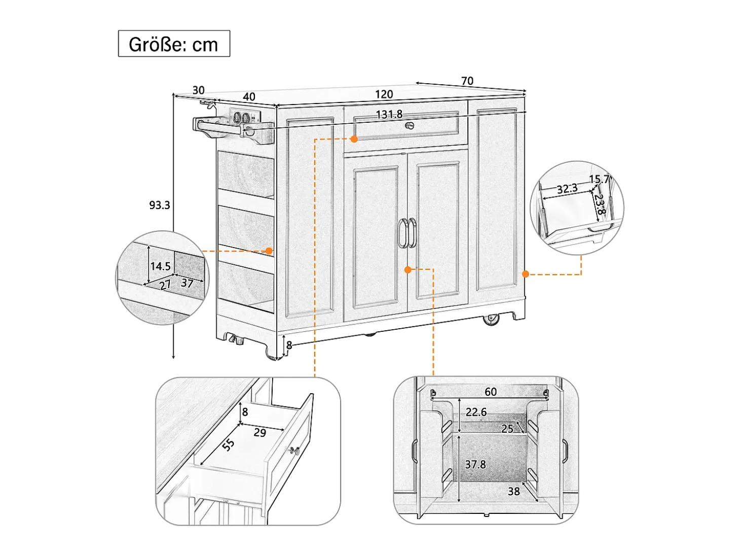 Isla de cocina móvil 131.8x40x93.3cm - encimeras extensibles - con USB - con compartimento para basura y almacenamiento multifuncional - negro