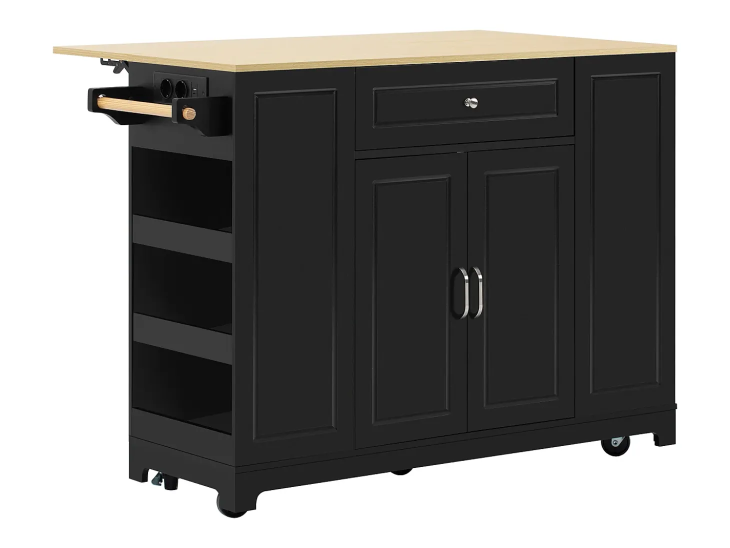 Isla de cocina móvil 131.8x40x93.3cm - encimeras extensibles - con USB - con compartimento para basura y almacenamiento multifuncional - negro