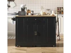 Isla de cocina móvil 131.8x40x93.3cm - encimeras extensibles - con USB - con compartimento para basura y almacenamiento multifuncional - negro