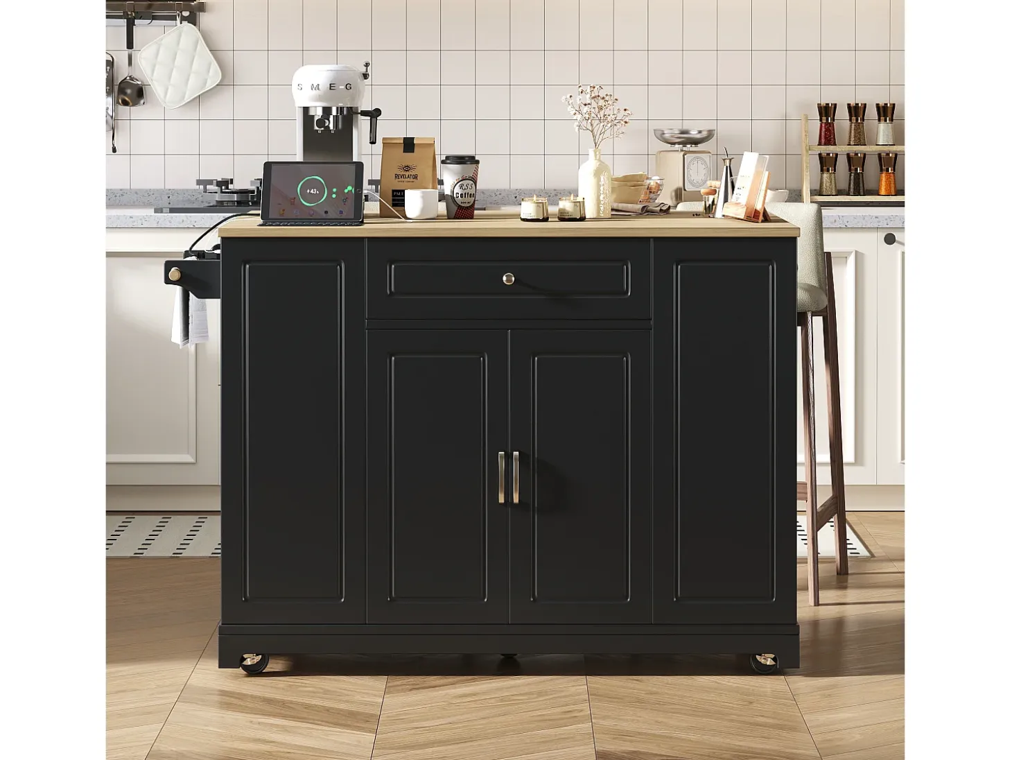 Isla de cocina móvil 131.8x40x93.3cm - encimeras extensibles - con USB - con compartimento para basura y almacenamiento multifuncional - negro