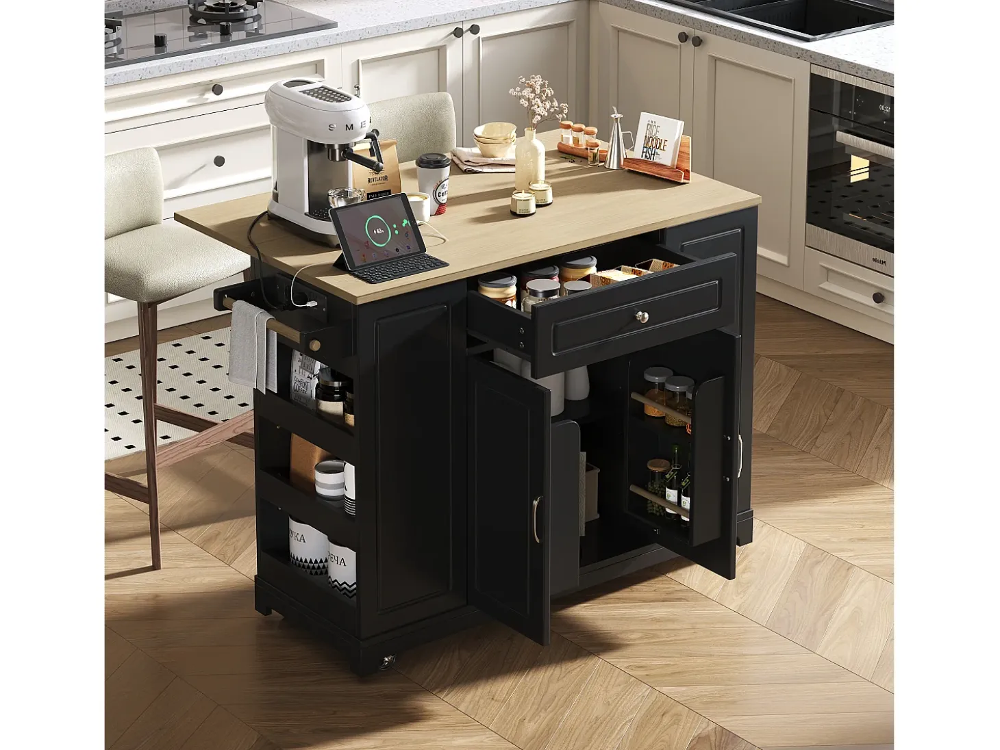 Isla de cocina móvil 131.8x40x93.3cm - encimeras extensibles - con USB - con compartimento para basura y almacenamiento multifuncional - negro