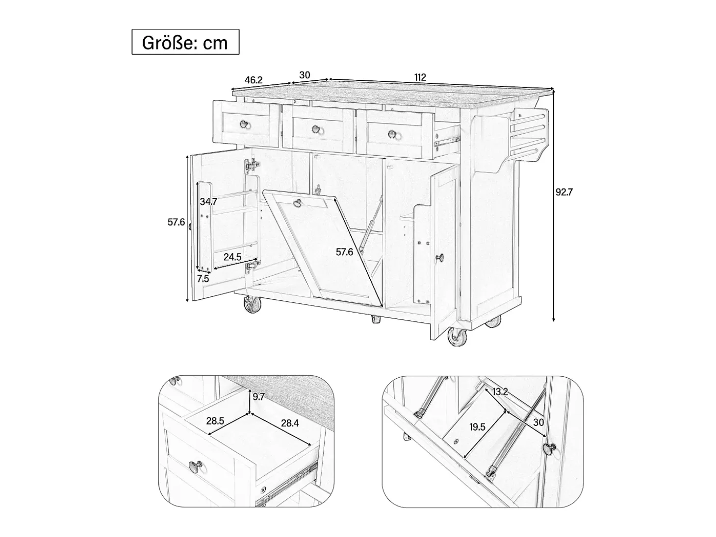 Isla de cocina móvil 131.2x46.2x92.7cm - con ruedas - 3 cajones y 3 puertas - encimera extensible - con toallero - blanco