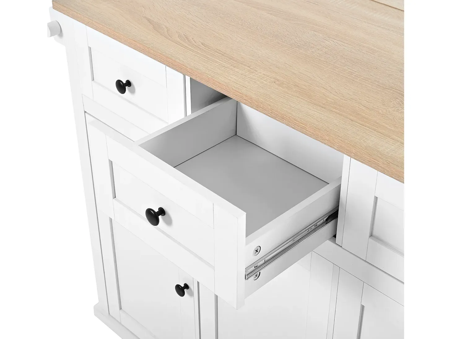 Isla de cocina móvil 131.2x46.2x92.7cm - con ruedas - 3 cajones y 3 puertas - encimera extensible - con toallero - blanco