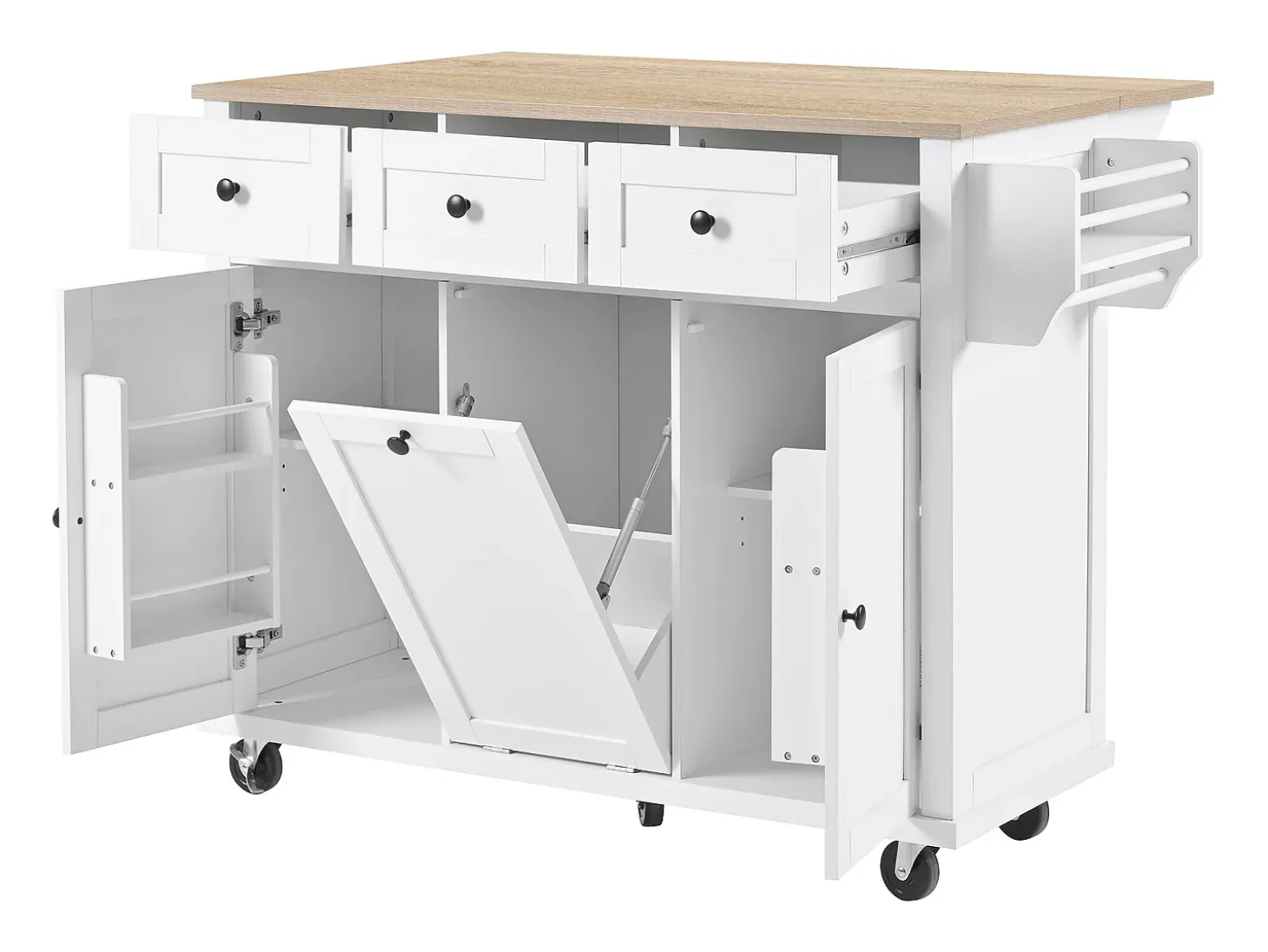 Isla de cocina móvil 131.2x46.2x92.7cm - con ruedas - 3 cajones y 3 puertas - encimera extensible - con toallero - blanco