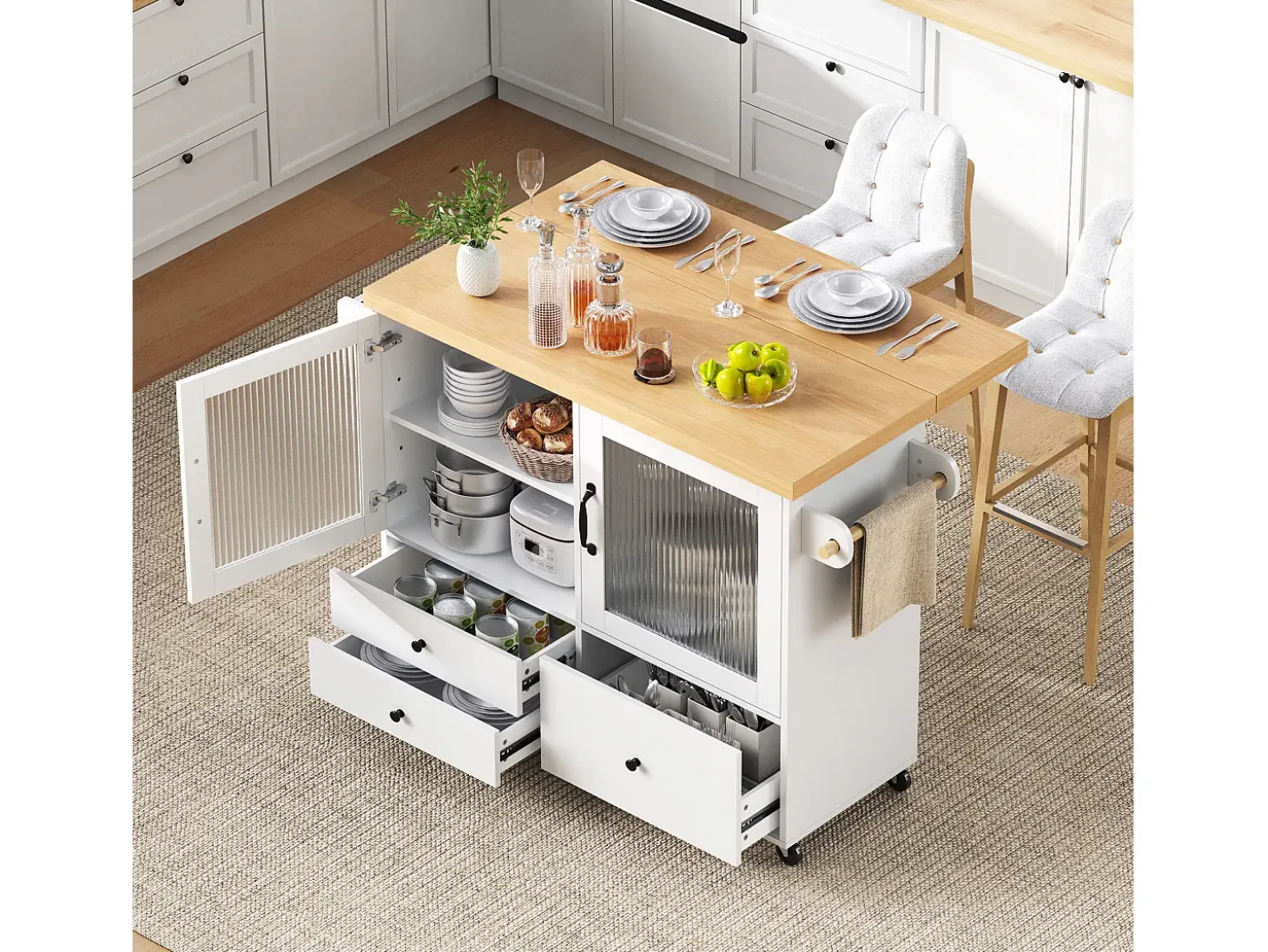 Isla de cocina móvil 100x42x91.5cm - encimera extensible - espacio de almacenamiento multifuncional - blanco