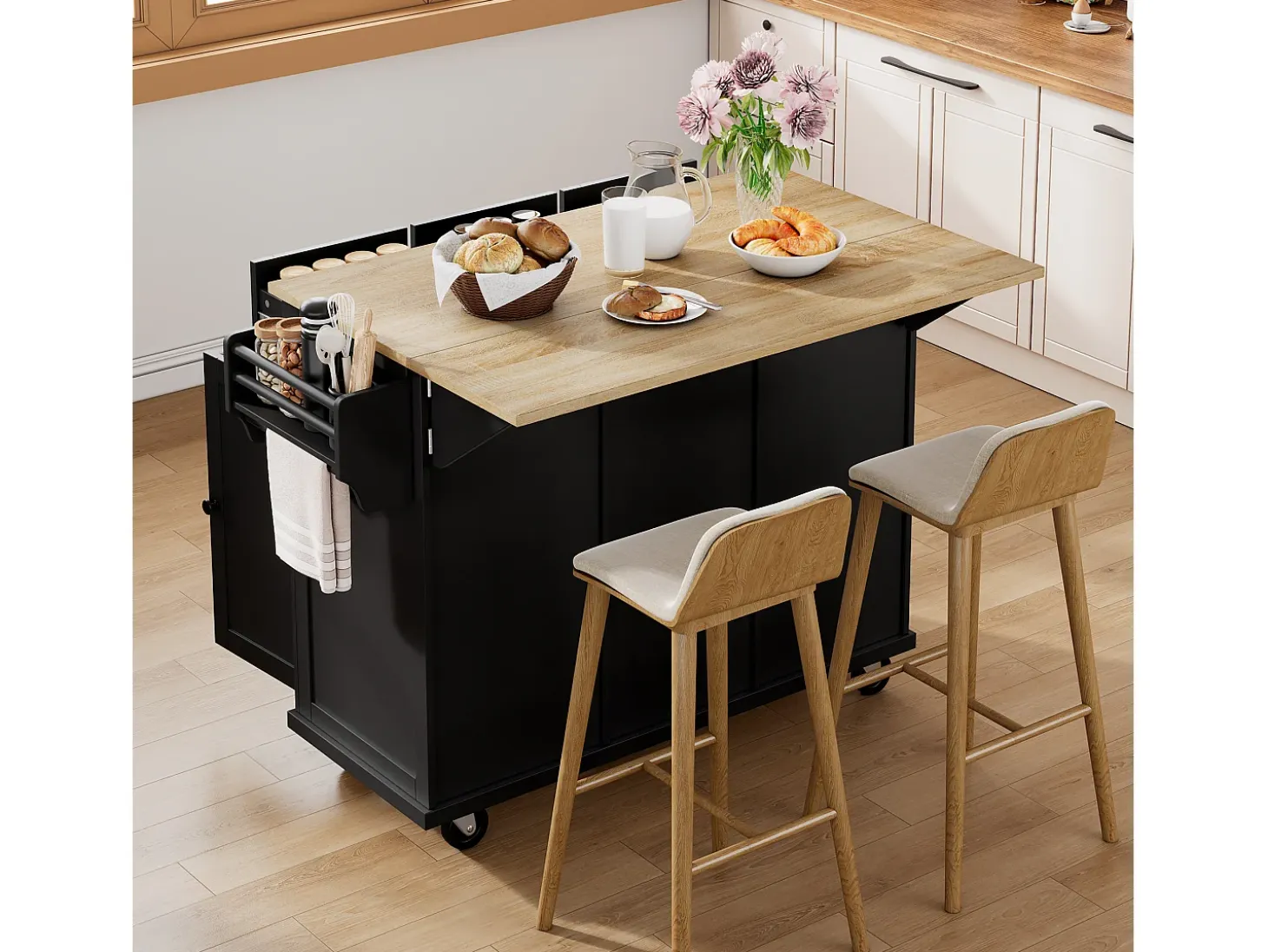 Isla de cocina móvil 131.2x46.2x92.7cm - con ruedas - 3 cajones y 3 puertas - encimera extensible - con toallero - negro