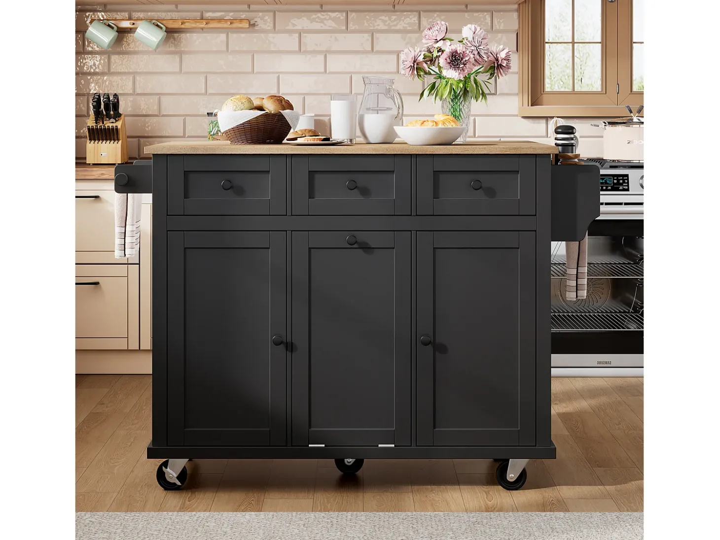 Isla de cocina móvil 131.2x46.2x92.7cm - con ruedas - 3 cajones y 3 puertas - encimera extensible - con toallero - negro