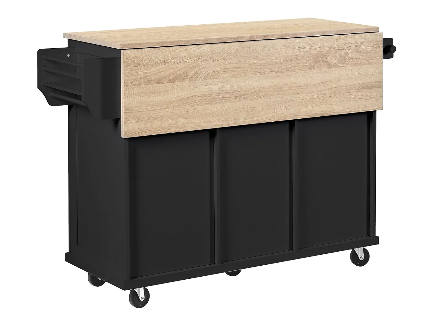 Isla de cocina móvil 131.2x46.2x92.7cm - con ruedas - 3 cajones y 3 puertas - encimera extensible - con toallero - negro
