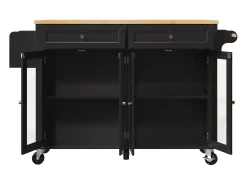 Isla de cocina negra - Carrito de cocina con 2 cajones y 4 puertas de cristal - especiero y toallero