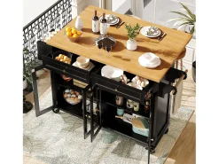 Isla de cocina negra - Carrito de cocina con 2 cajones y 4 puertas de cristal - especiero y toallero