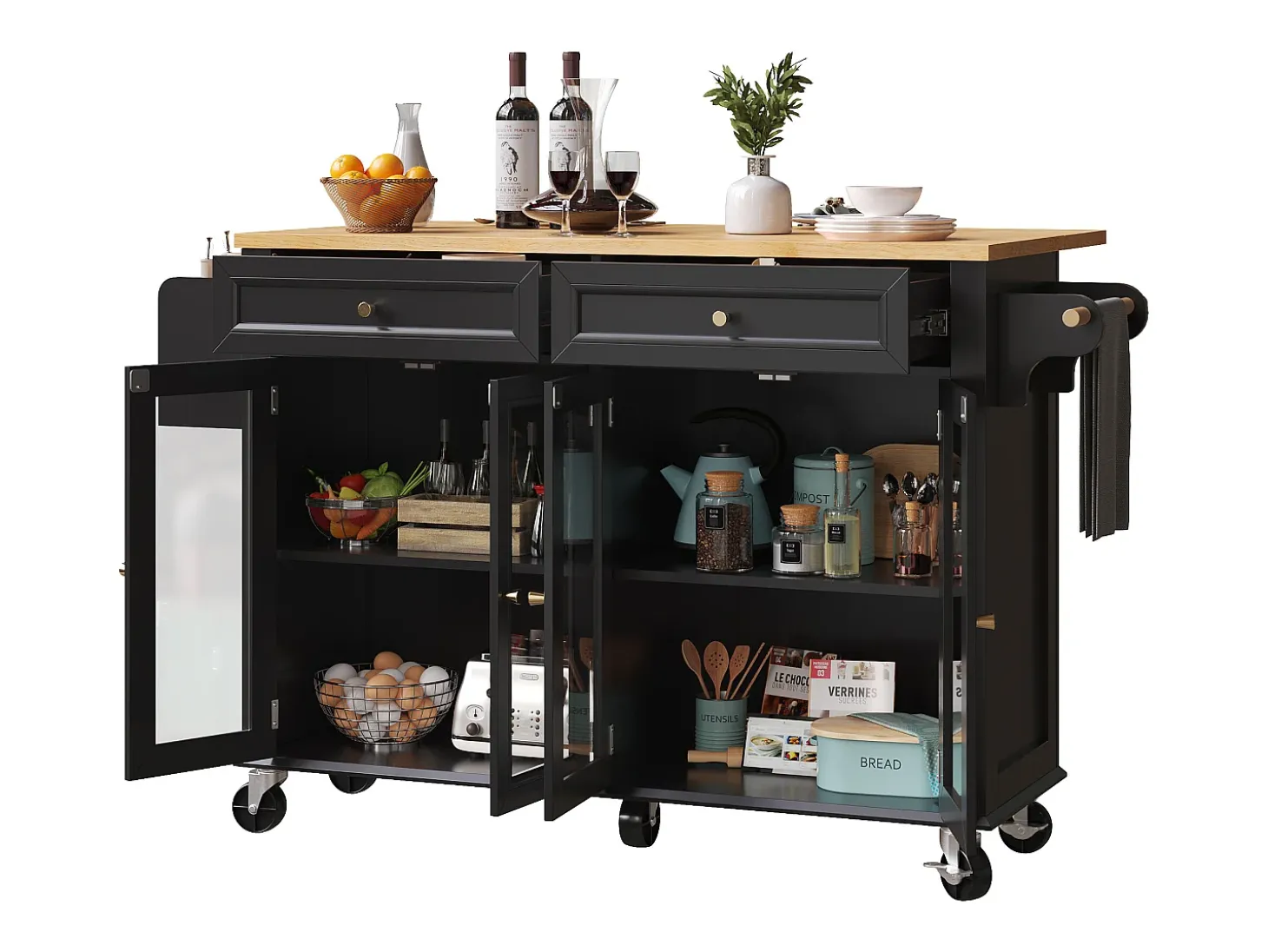 Isla de cocina negra - Carrito de cocina con 2 cajones y 4 puertas de cristal - especiero y toallero