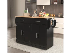 Isla de cocina negra - Isla de cocina con ruedas y patas de madera - encimera abatible - 2 cajones y 4 puertas