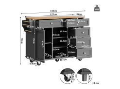 Isla de cocina negra con 5 cajones - Carrito de cocina de 1 puerta con 3 compartimentos abiertos - Especiero y toallero