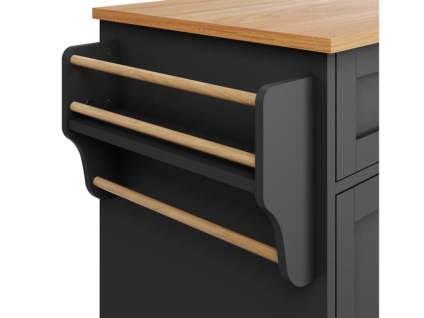 Isla de cocina negra con 5 cajones - Carrito de cocina de 1 puerta con 3 compartimentos abiertos - Especiero y toallero