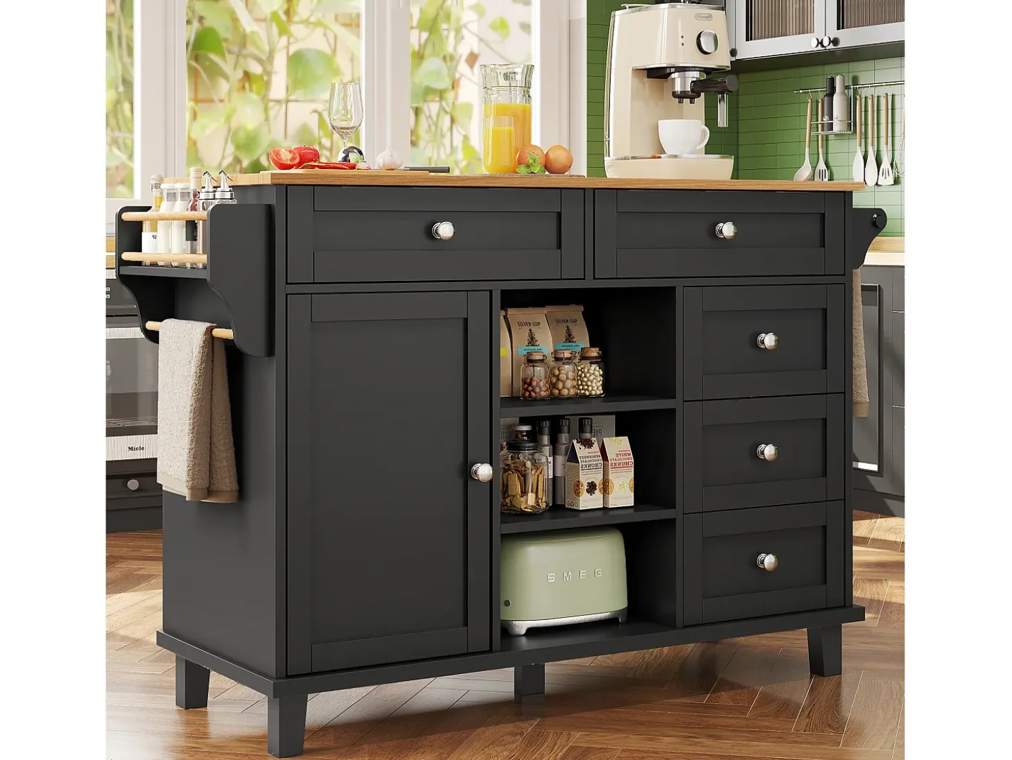 Isla de cocina negra con 5 cajones - Carrito de cocina de 1 puerta con 3 compartimentos abiertos - Especiero y toallero