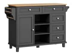 Isla de cocina negra con 5 cajones - Carrito de cocina de 1 puerta con 3 compartimentos abiertos - Especiero y toallero