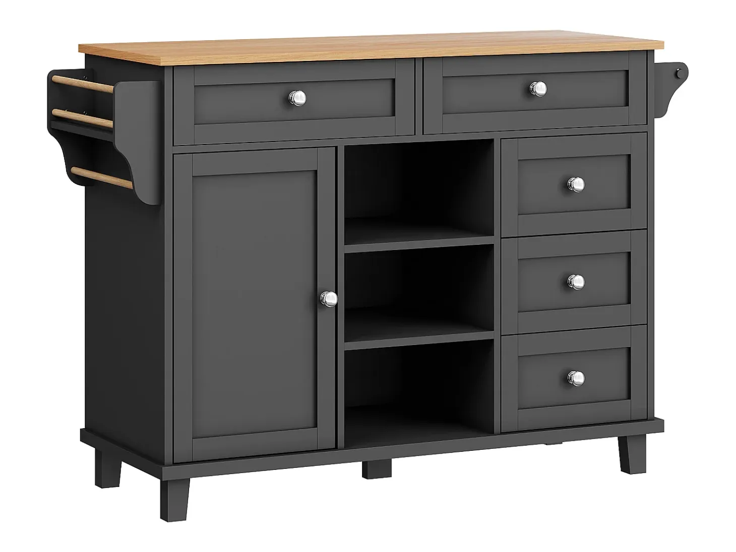 Isla de cocina negra con 5 cajones - Carrito de cocina de 1 puerta con 3 compartimentos abiertos - Especiero y toallero