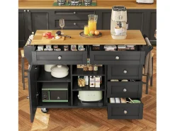 Isla de cocina negra con 5 cajones - Carrito de cocina de 1 puerta con 3 compartimentos abiertos - Especiero y toallero
