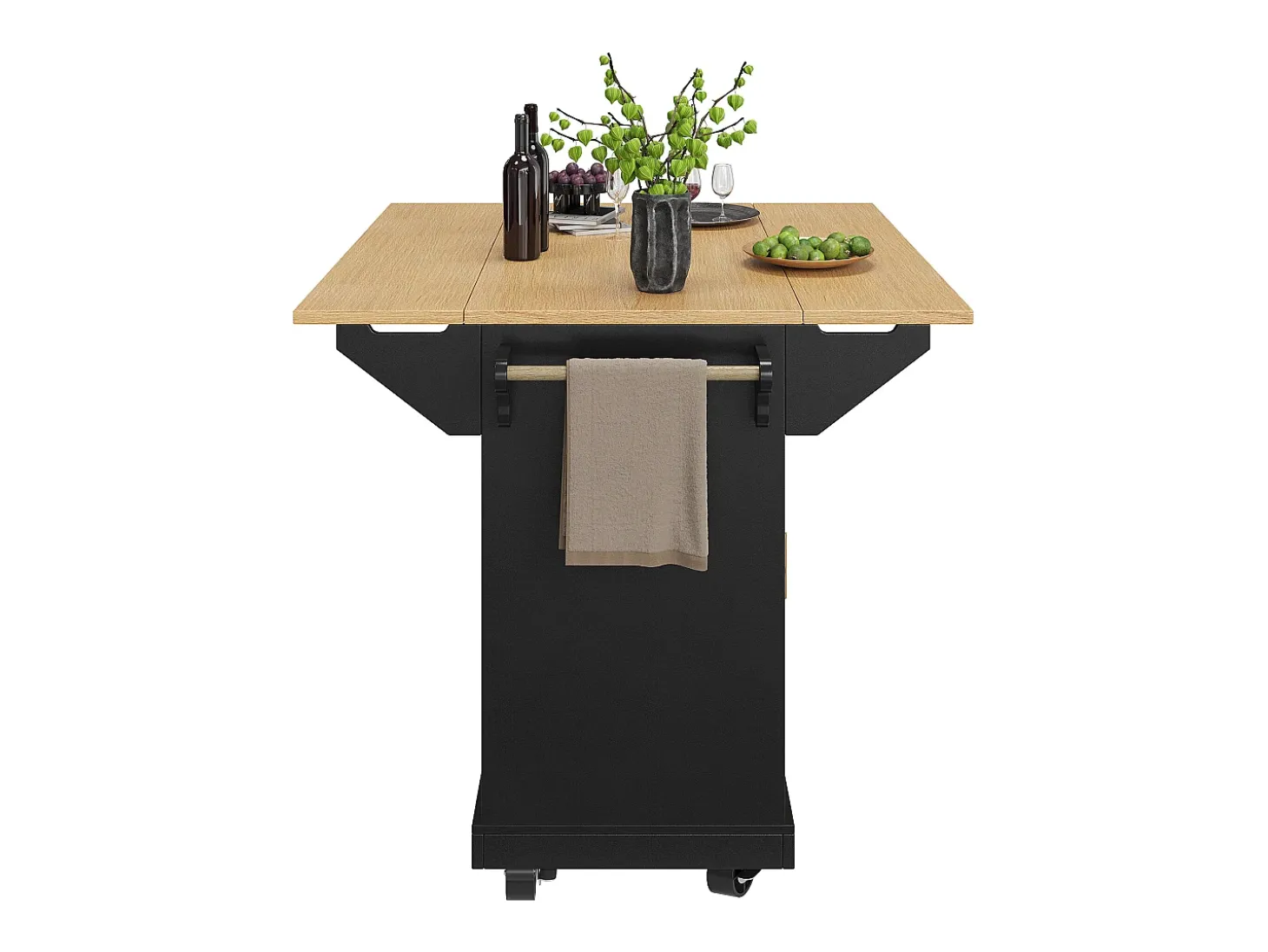 Isla de cocina negra con tablero plegable, 3 cajones y 2 puertas - 5 ruedas