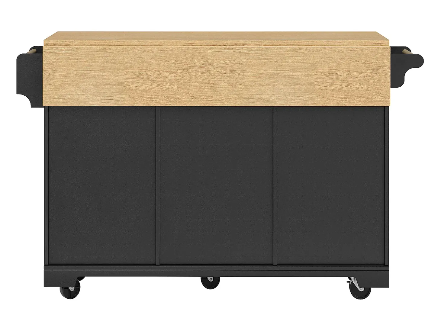 Isla de cocina negra con tablero plegable, 3 cajones y 2 puertas - 5 ruedas
