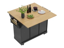 Isla de cocina negra con tablero plegable, 3 cajones y 2 puertas - 5 ruedas