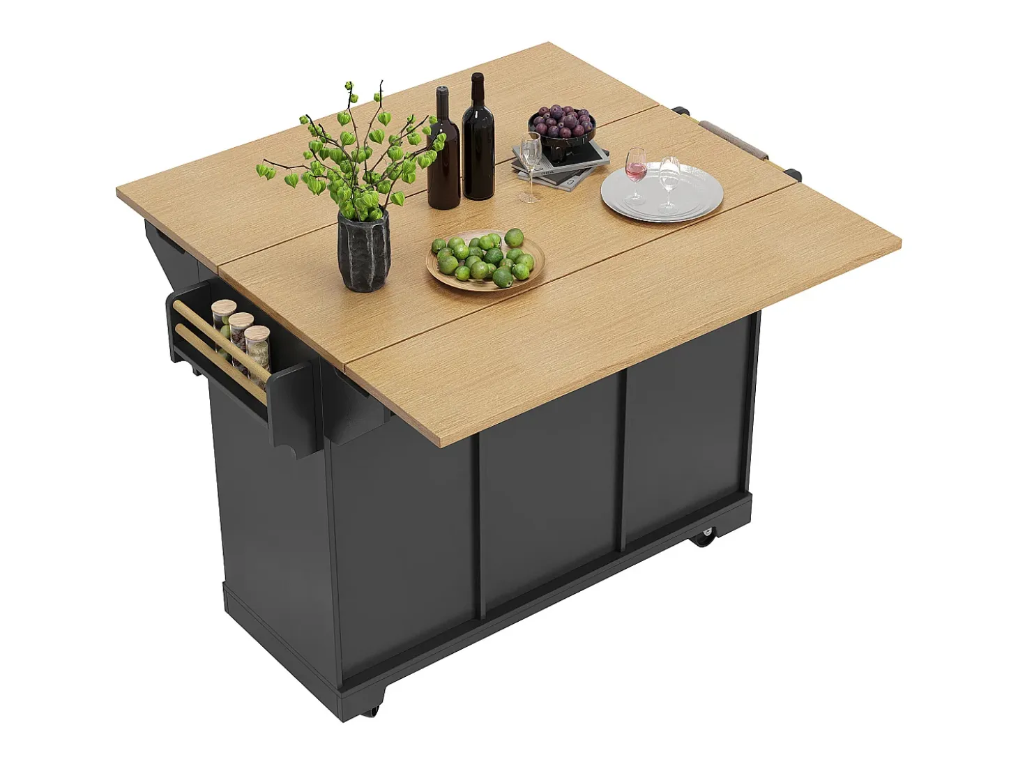 Isla de cocina negra con tablero plegable, 3 cajones y 2 puertas - 5 ruedas