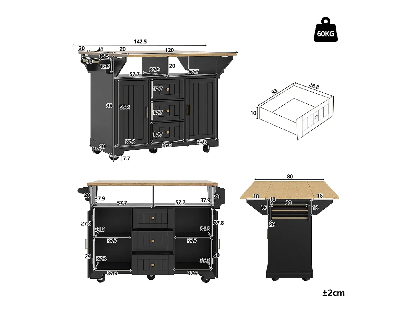 Isla de cocina negra con tablero plegable, 3 cajones y 2 puertas - 5 ruedas