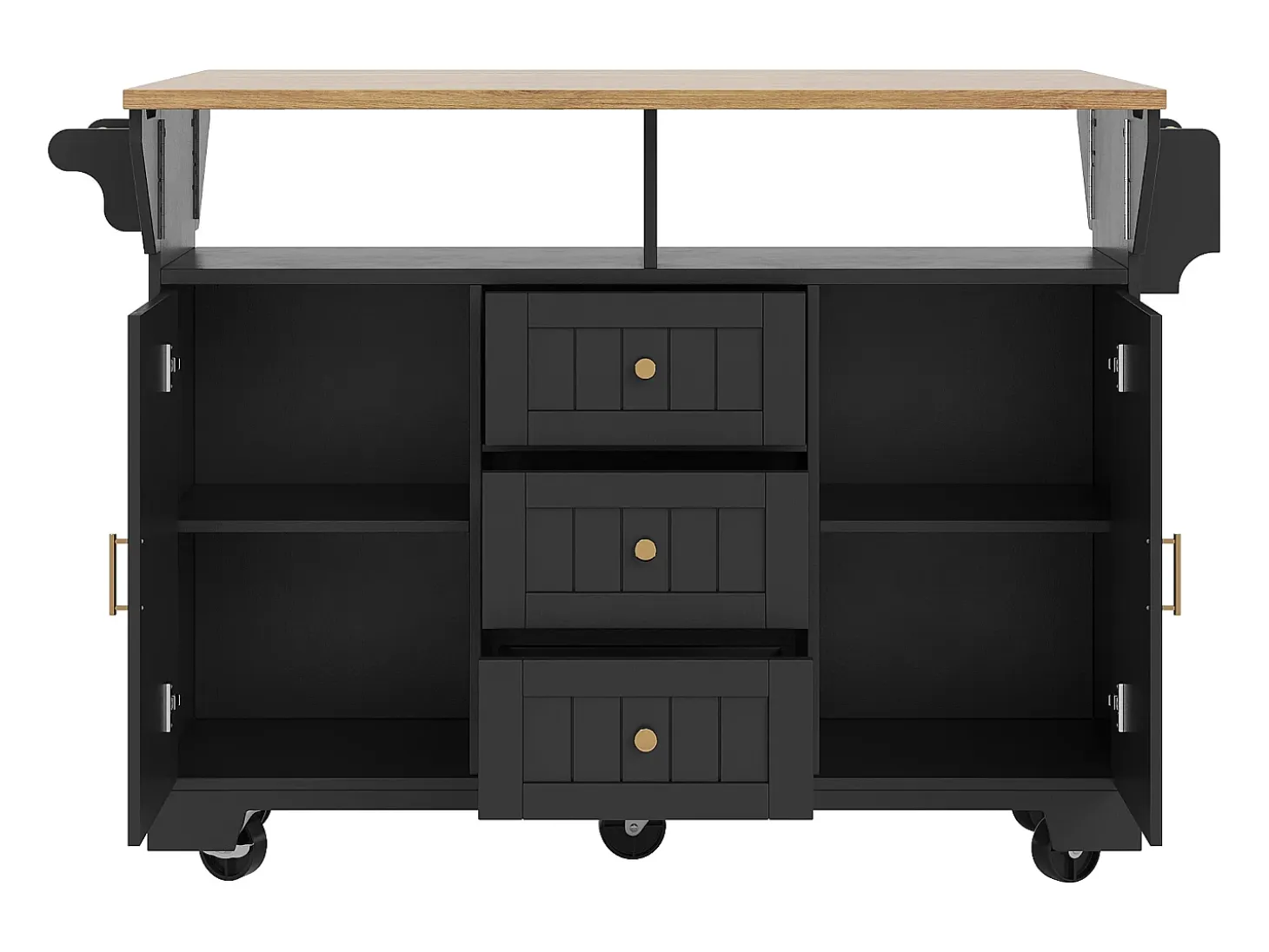 Isla de cocina negra con tablero plegable, 3 cajones y 2 puertas - 5 ruedas