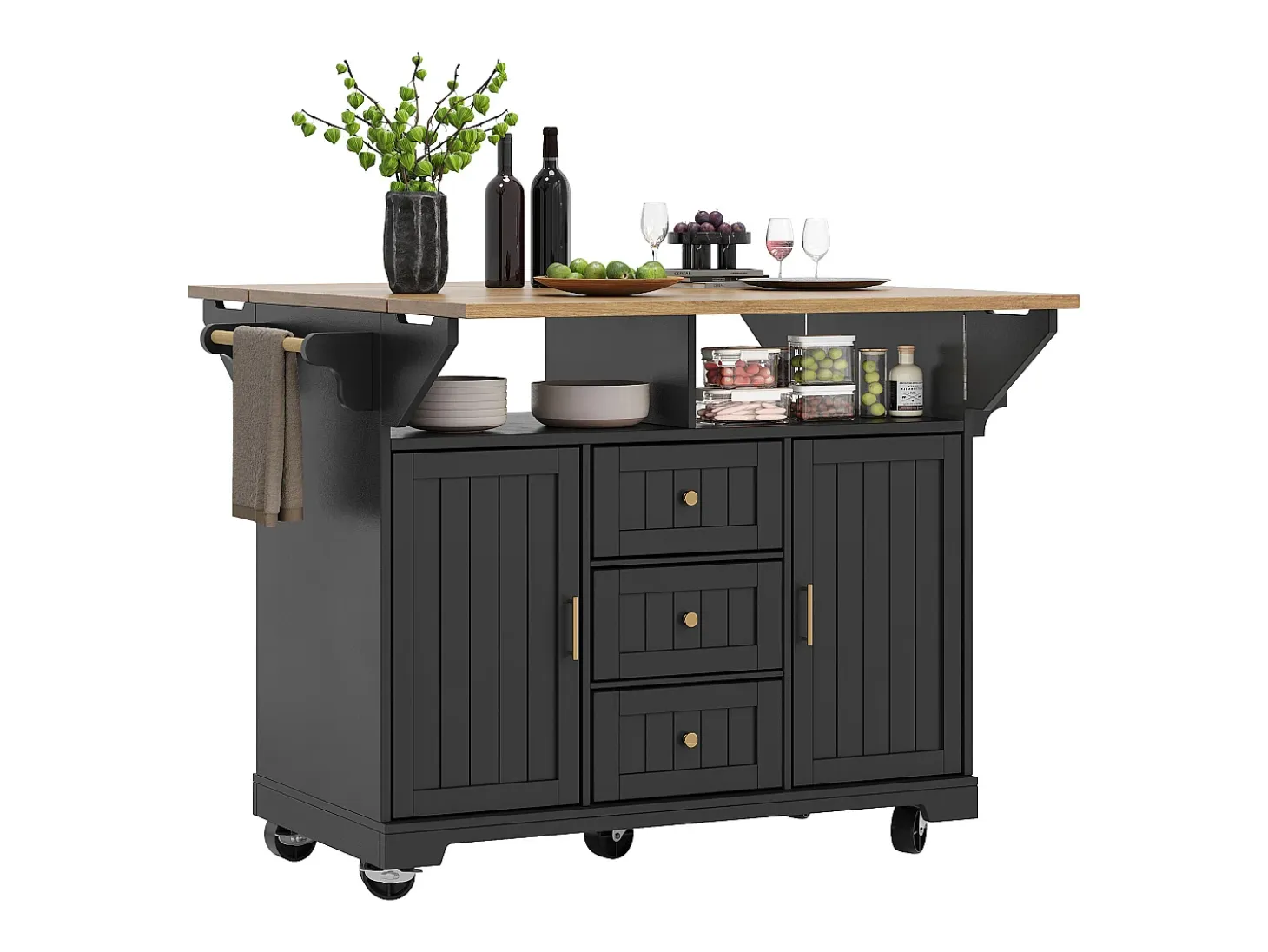 Isla de cocina negra con tablero plegable, 3 cajones y 2 puertas - 5 ruedas
