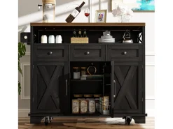 Isla de cocina negra de 3 puertas y 3 cajones - Carrito de cocina con toallero y almacenaje abierto - Parte superior plegable