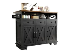 Isla de cocina negra de 3 puertas y 3 cajones - Carrito de cocina con toallero y almacenaje abierto - Parte superior plegable