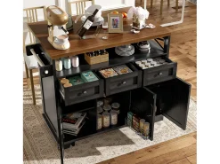 Isla de cocina negra de 3 puertas y 3 cajones - Carrito de cocina con toallero y almacenaje abierto - Parte superior plegable
