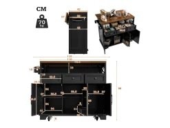 Isla de cocina negra de 3 puertas y 3 cajones - Carrito de cocina con toallero y almacenaje abierto - Parte superior plegable