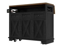 Isla de cocina negra de 3 puertas y 3 cajones - Carrito de cocina con toallero y almacenaje abierto - Parte superior plegable