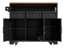 Isla de cocina negra de 3 puertas y 3 cajones - Carrito de cocina con toallero y almacenaje abierto - Parte superior plegable