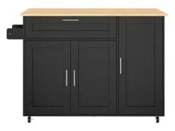 Isla de cocina negra, Isla de cocina móvil con encimera abatible, 3 puertas y 1 cajón - para cocinas y comedores