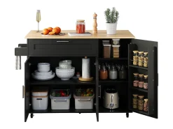 Isla de cocina negra, Isla de cocina móvil con encimera abatible, 3 puertas y 1 cajón - para cocinas y comedores