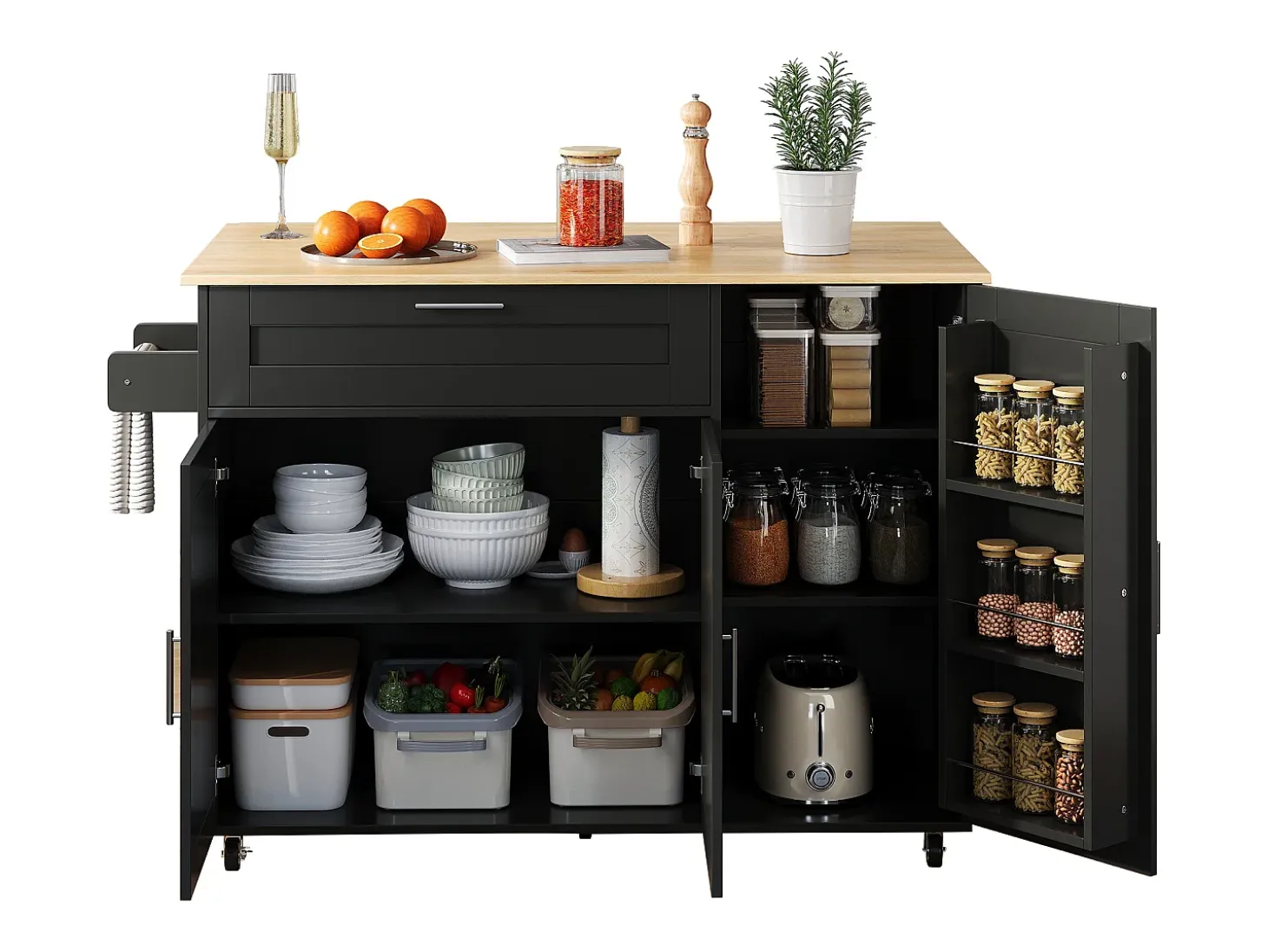 Isla de cocina negra, Isla de cocina móvil con encimera abatible, 3 puertas y 1 cajón - para cocinas y comedores
