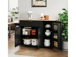 Isla de cocina negra, Isla de cocina móvil con encimera abatible, 3 puertas y 1 cajón - para cocinas y comedores