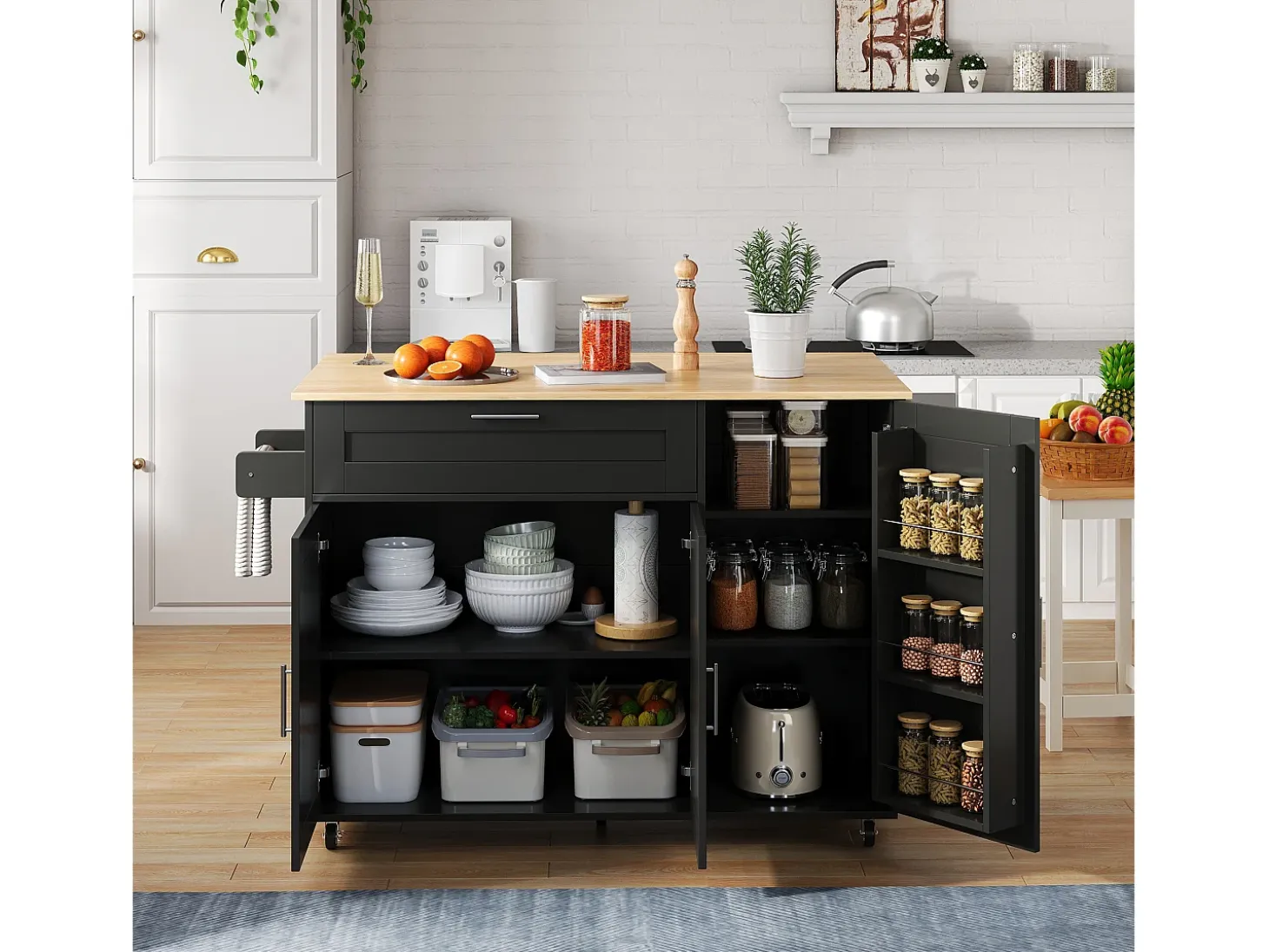 Isla de cocina negra, Isla de cocina móvil con encimera abatible, 3 puertas y 1 cajón - para cocinas y comedores