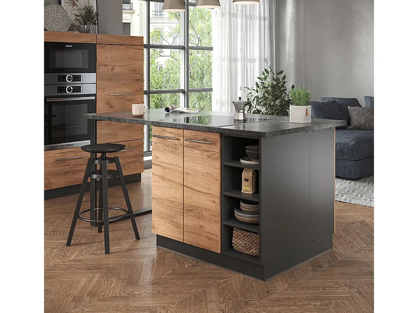 Isla de cocina oro power roble/antracita 90x60x82 fame-line