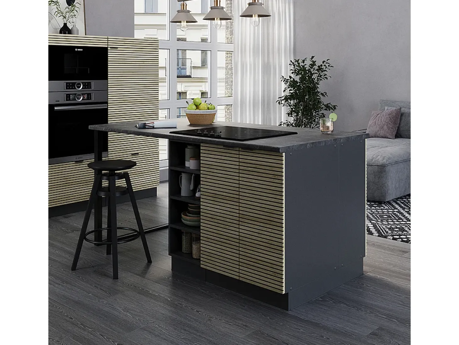 Isla de cocina panel de roble 90x60x82 fame-line