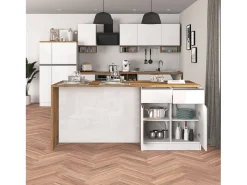 Isla de cocina Sole con 4 puertas y 4 cajones, blanco brillo y roble, 200 x 90 x 90 cm