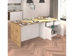 Isla de cocina Sole con 4 puertas y 4 cajones, blanco brillo y roble, 200 x 90 x 90 cm