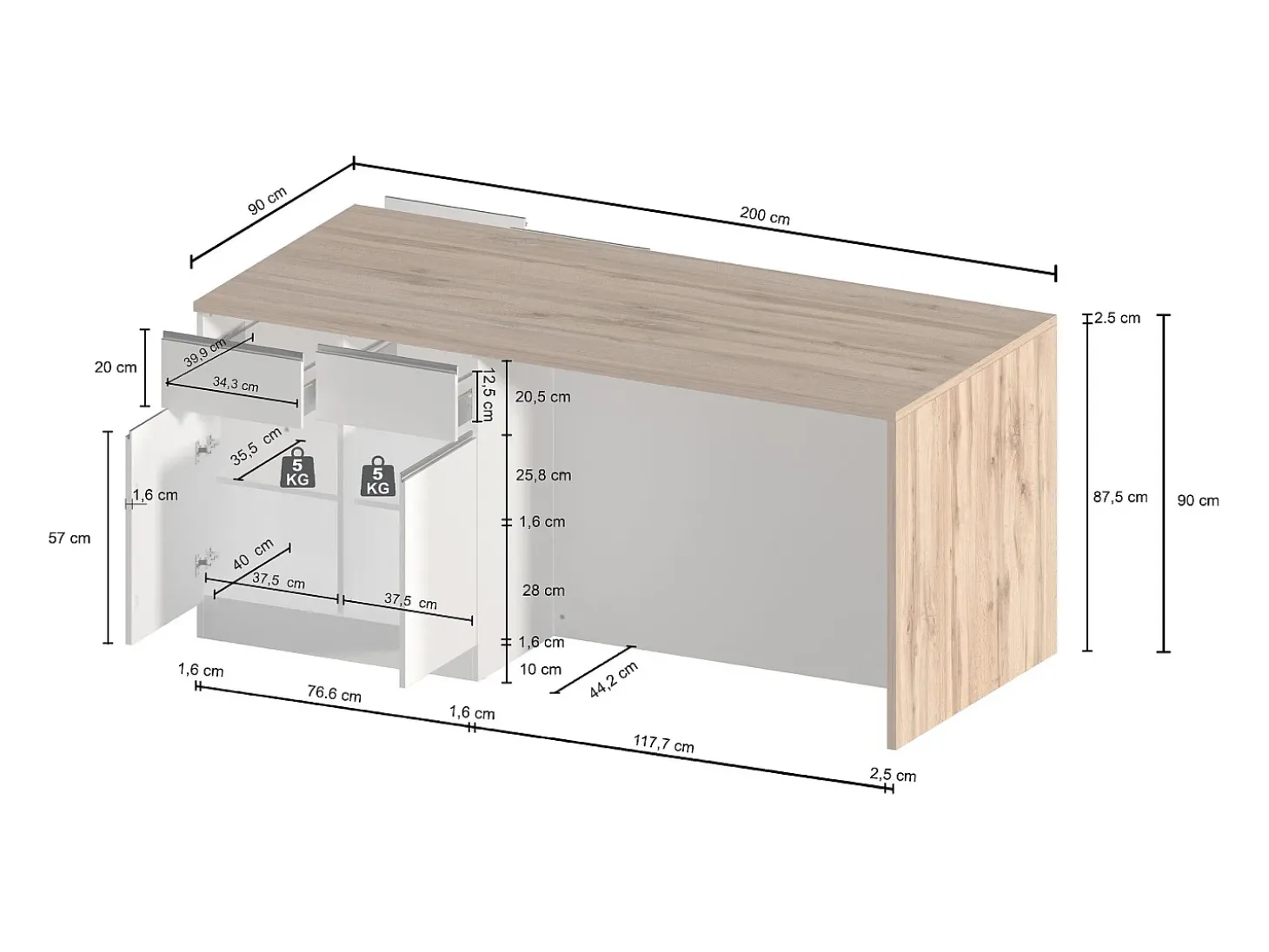 Isla de cocina Sole con 4 puertas y 4 cajones, blanco brillo y roble, 200 x 90 x 90 cm